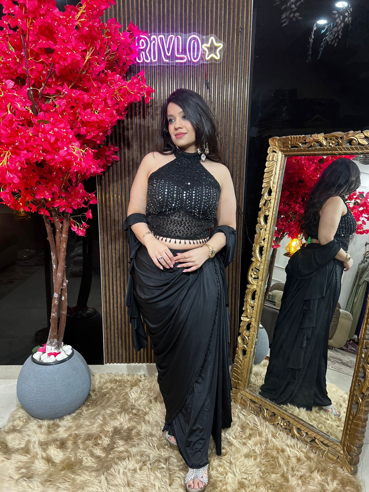 Cocoa and Black Embellished Halter Drape Set RC532