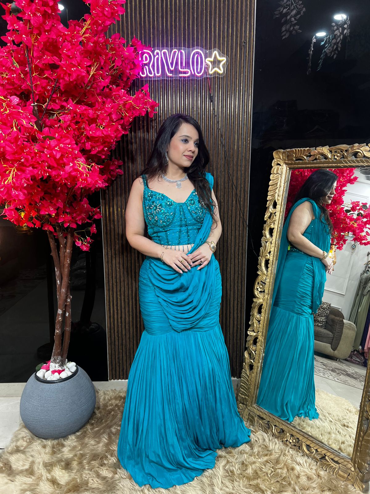 HOT PINK AND TURQUOISE CHINON FISH CUT LEHENGA RC527