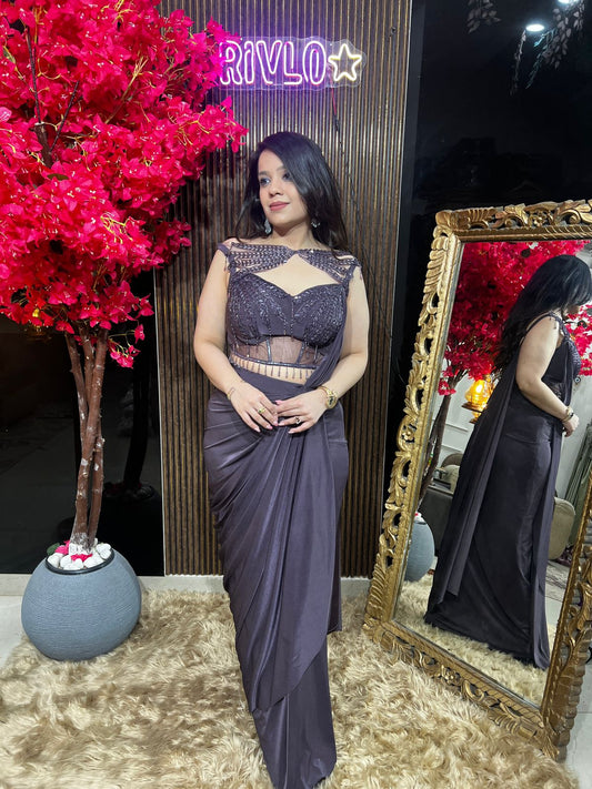 🤎✨ Wine Indo-Western Saree Set ✨🤎 AC79