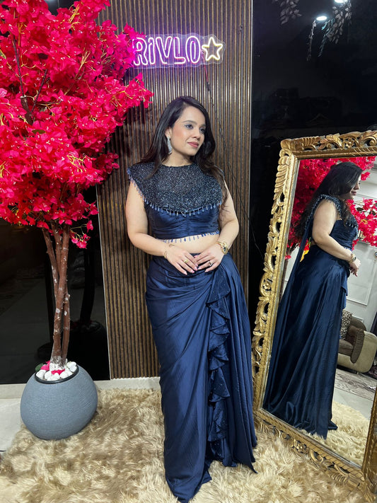 Steel Grey And Navy Embellished Drape Saree Set RC529