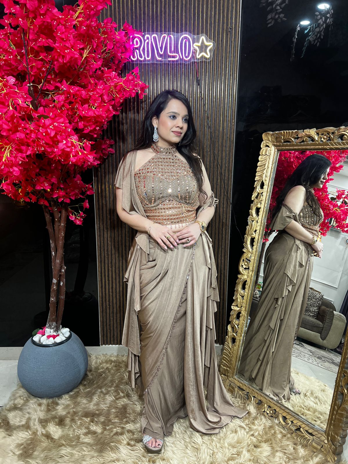 Cocoa and Black Embellished Halter Drape Set RC532
