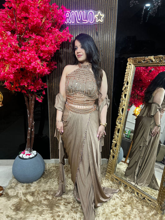 Cocoa Embellished Halter Drape Set RC532