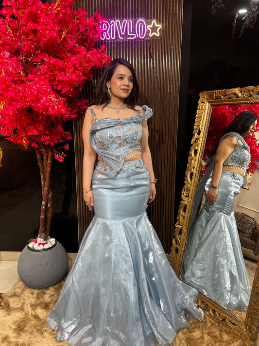 Ice Blue Wired Fish Cut Lehenga AC77
