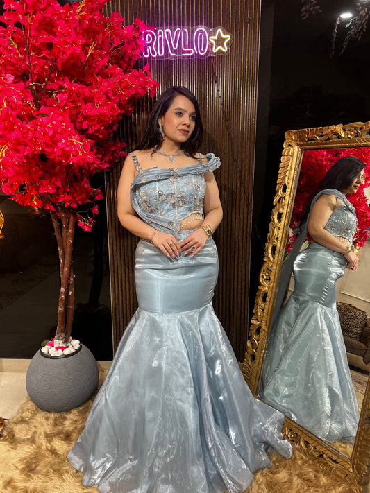 Ice Blue Wired Fish Cut Lehenga AC77