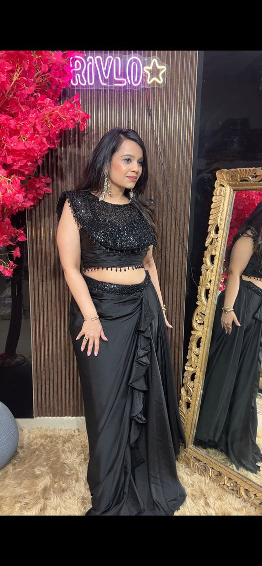 Black And Rose Gold Embellished Drape Saree Set RC530