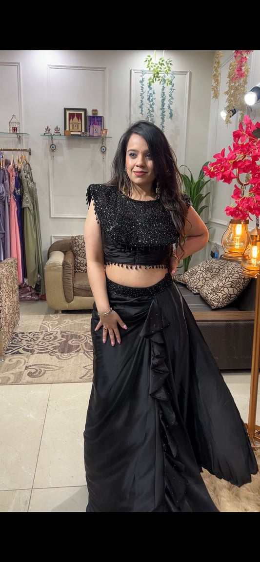 Black And Rose Gold Embellished Drape Saree Set RC530