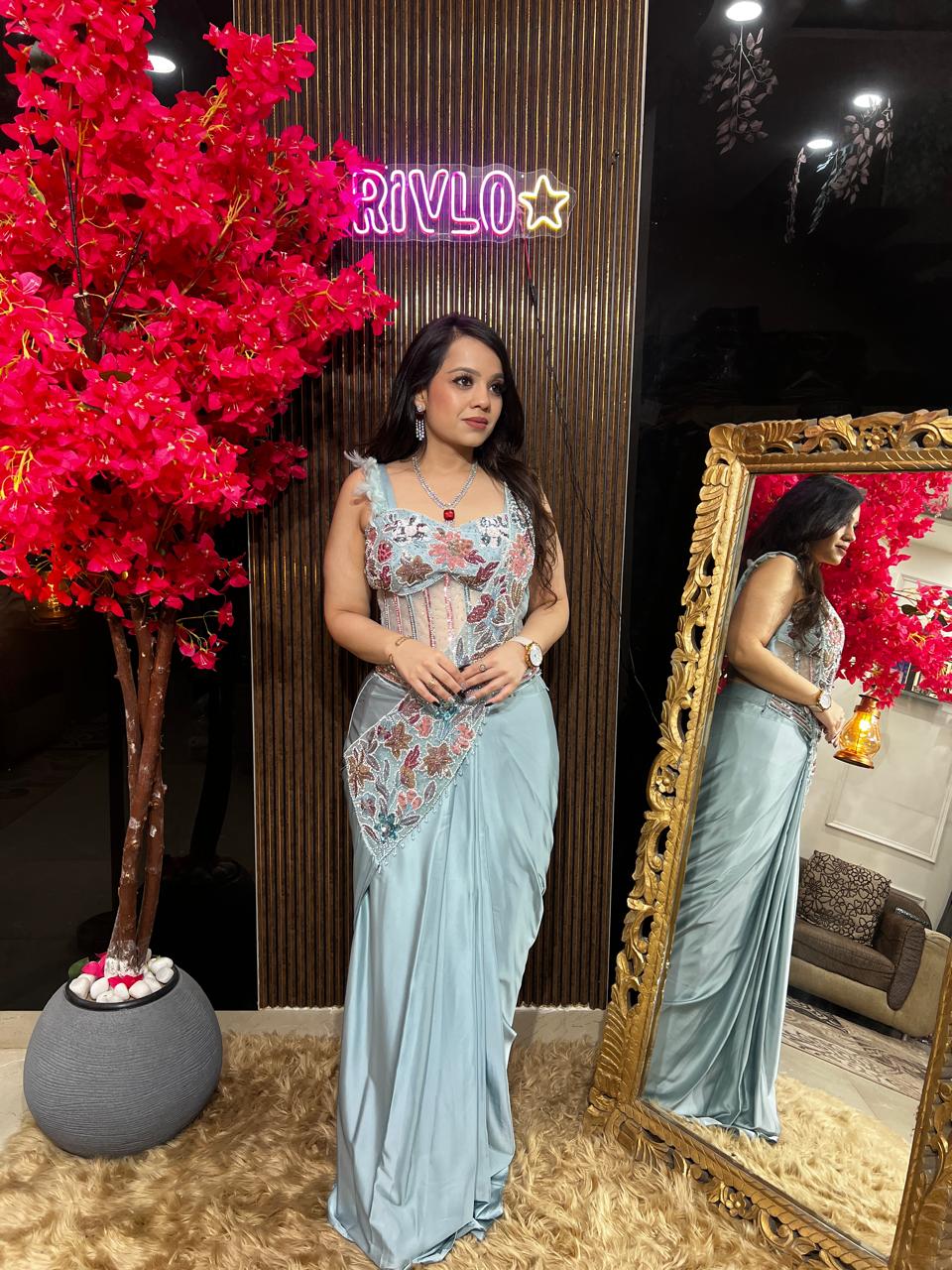 Peach Embroidered Drape Saree Set RC533