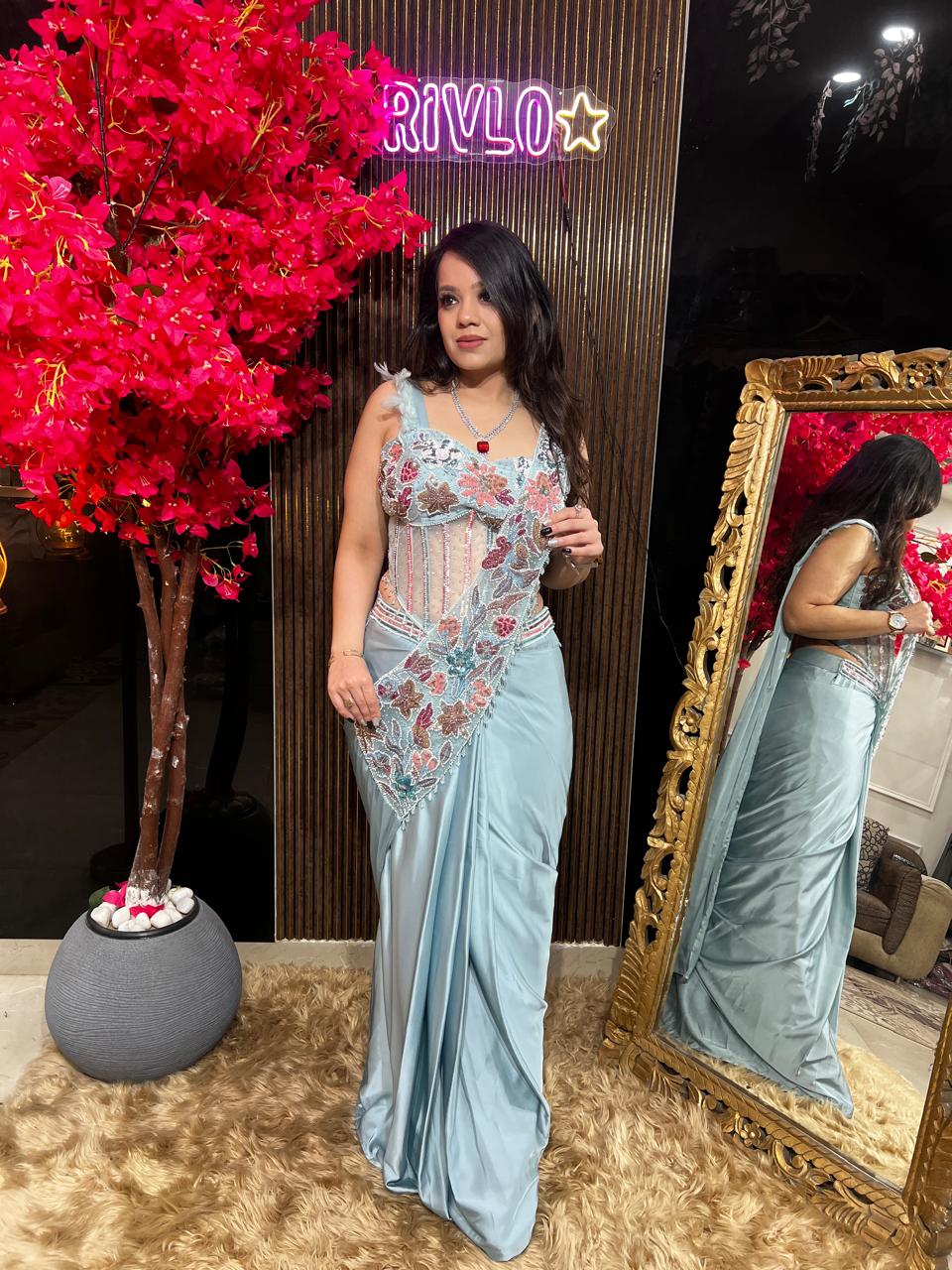 Peach Embroidered Drape Saree Set RC533