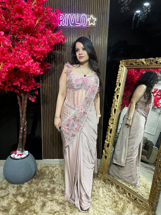 Peach Embroidered Drape Saree Set RC533