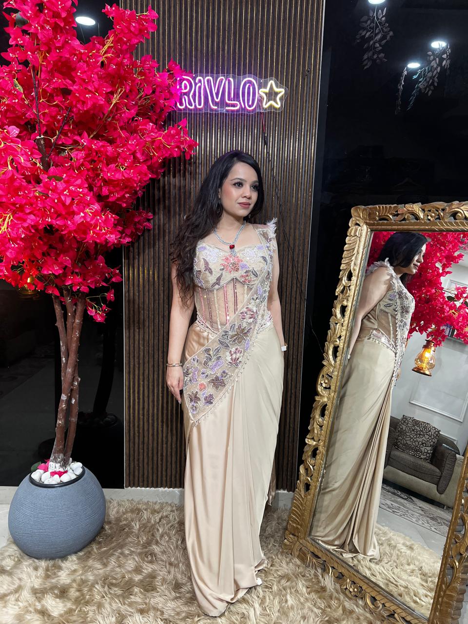 Peach Embroidered Drape Saree Set RC533