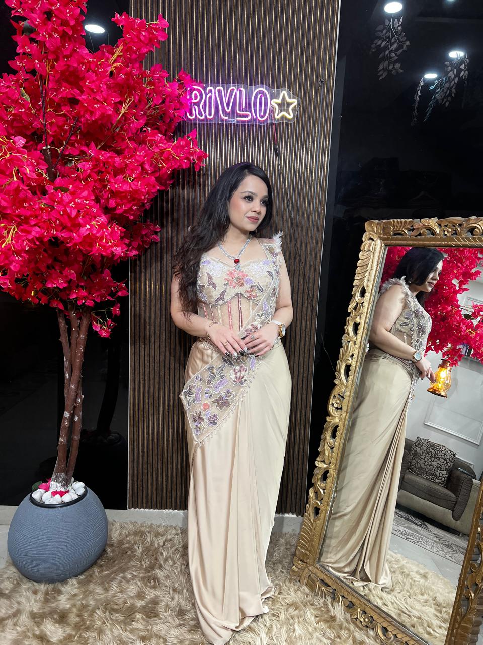 Peach Embroidered Drape Saree Set RC533