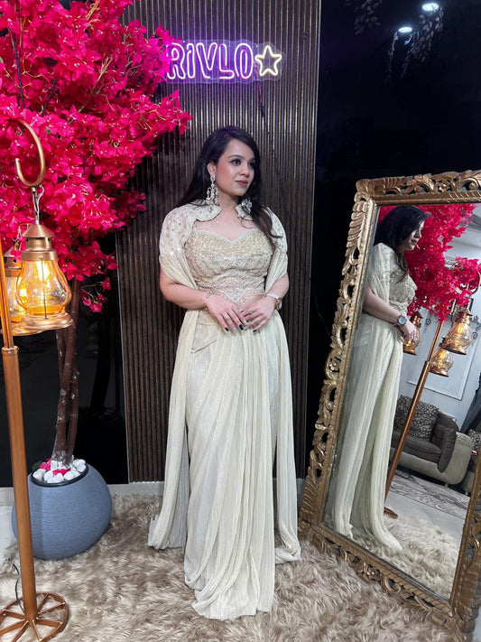 Ivory Embellished Drape Set With Cape ✨ RC543