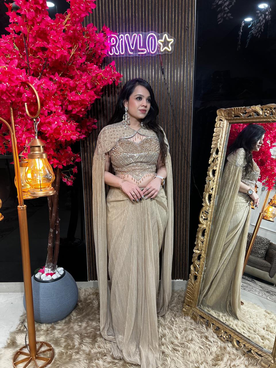 Blush Green And Cocoa Embellished Drape Set ✨ RC544