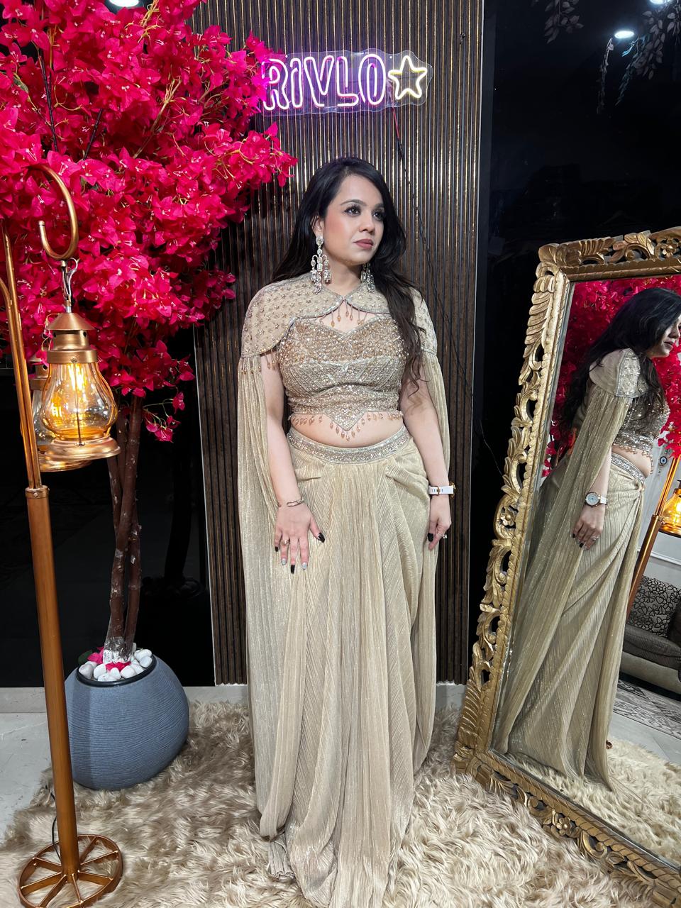 Blush Green And Cocoa Embellished Drape Set ✨ RC544