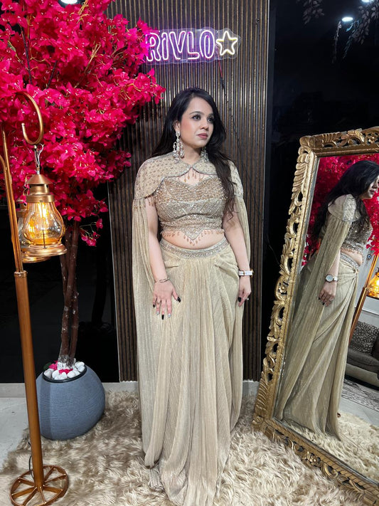 Blush Green And Cocoa Embellished Drape Set ✨ RC544