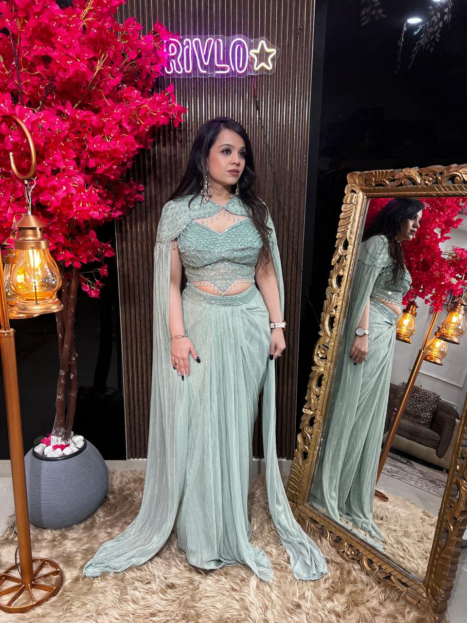 Blush Green And Cocoa Embellished Drape Set ✨ RC544