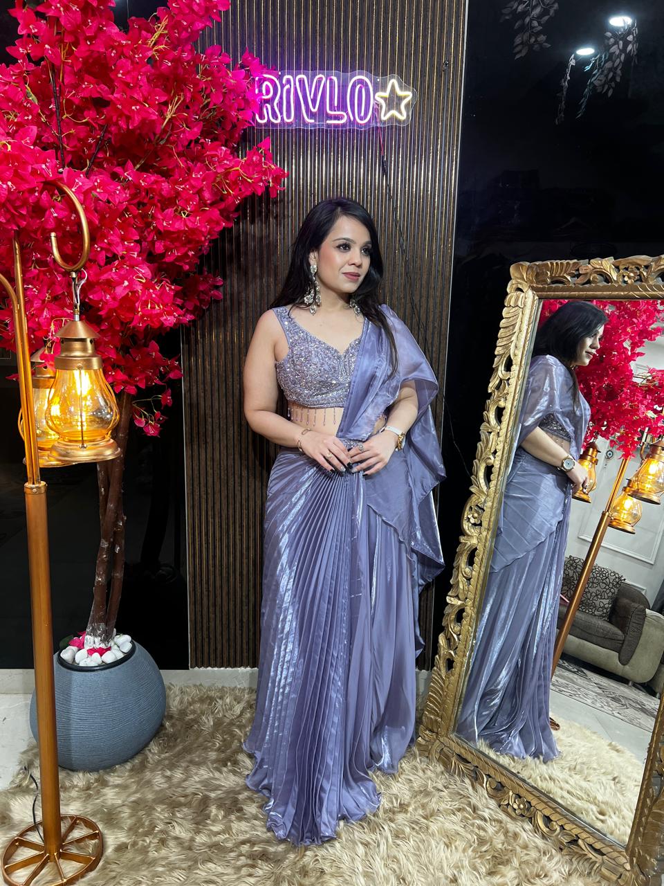 Crystal Lavender-Embellished Pre-Draped Saree Set with Blouse AC81