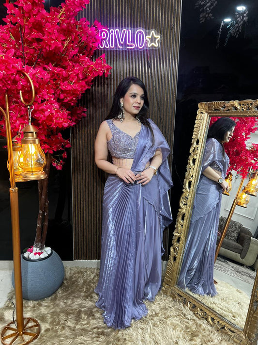 Crystal Lavender-Embellished Pre-Draped Saree Set with Blouse AC81