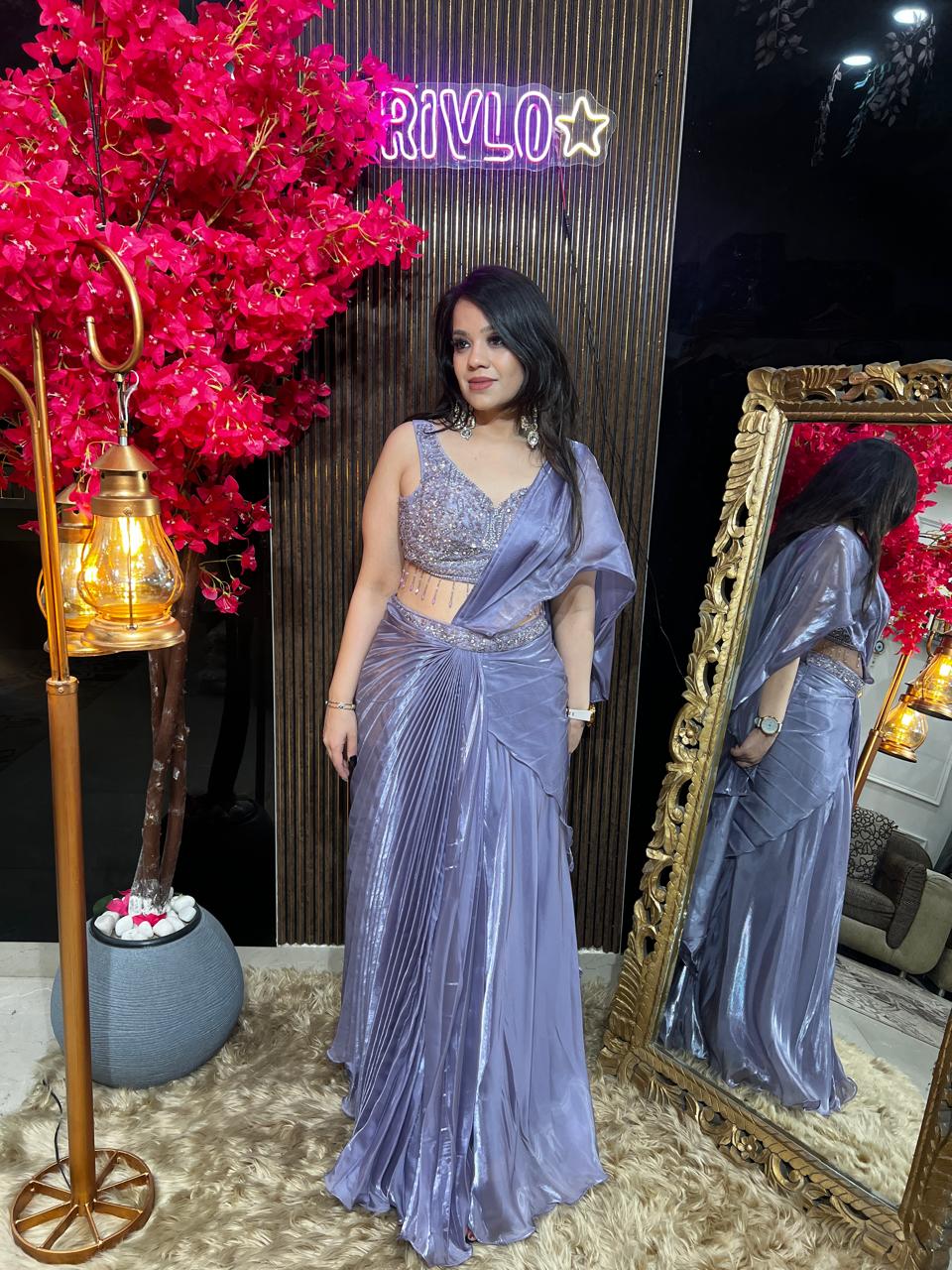 Crystal Lavender-Embellished Pre-Draped Saree Set with Blouse AC81