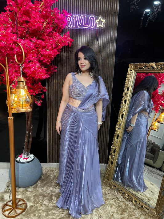 Crystal Lavender-Embellished Pre-Draped Saree Set with Blouse AC81
