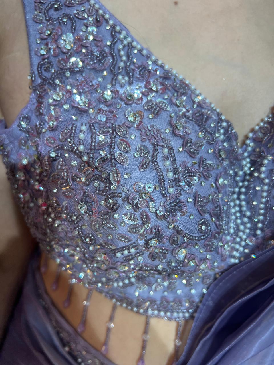 Crystal Lavender-Embellished Pre-Draped Saree Set with Blouse AC81