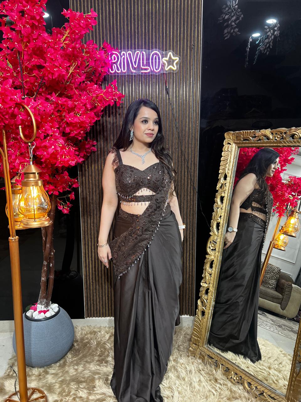 Cocoa, Wine And Beige Embellished Drape Set ✨ RC542