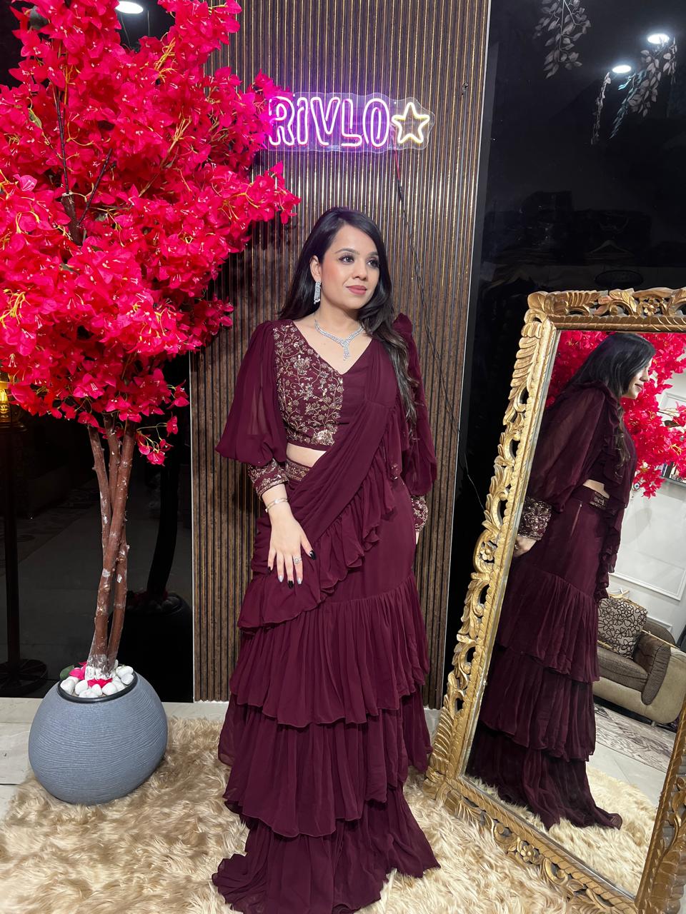 Wine And Black Drape Saree with Sleeves RC540