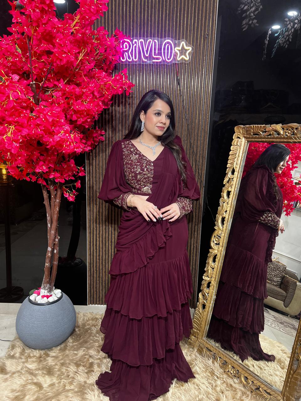 Wine And Black Drape Saree with Sleeves RC540