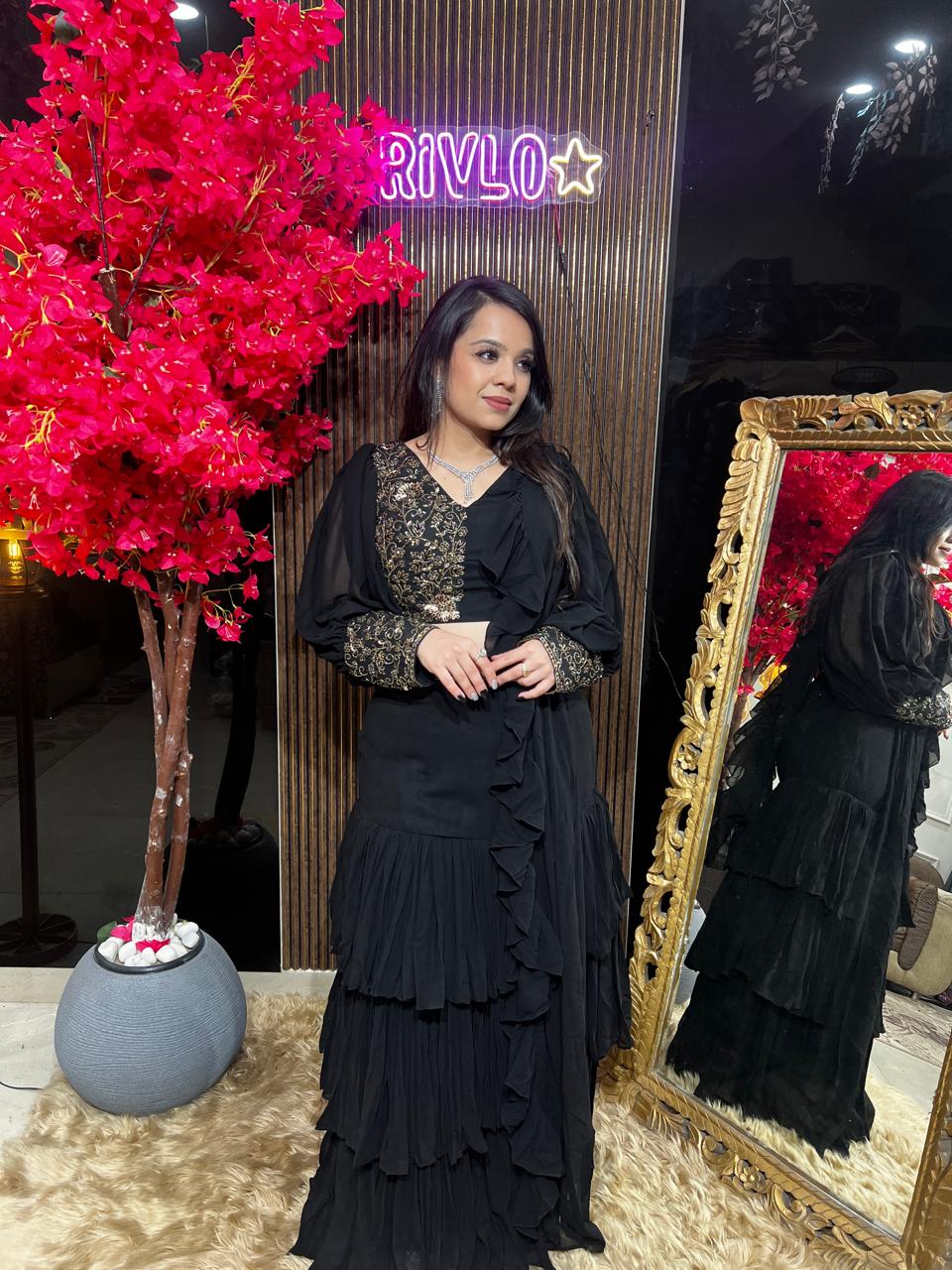 Wine And Black Drape Saree with Sleeves RC540