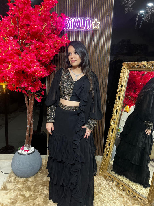 Wine And Black Drape Saree with Sleeves RC540