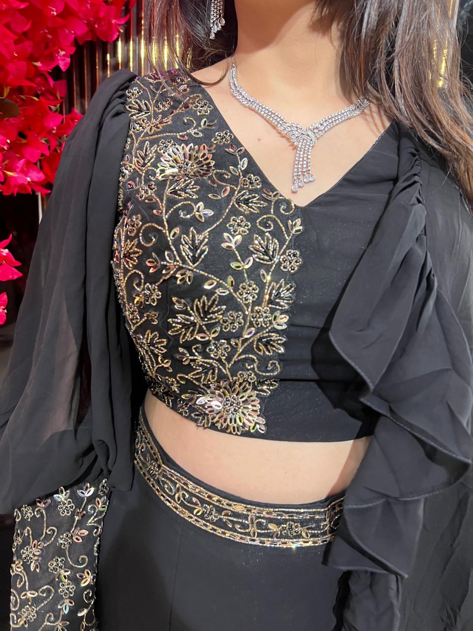 Wine And Black Drape Saree with Sleeves RC540