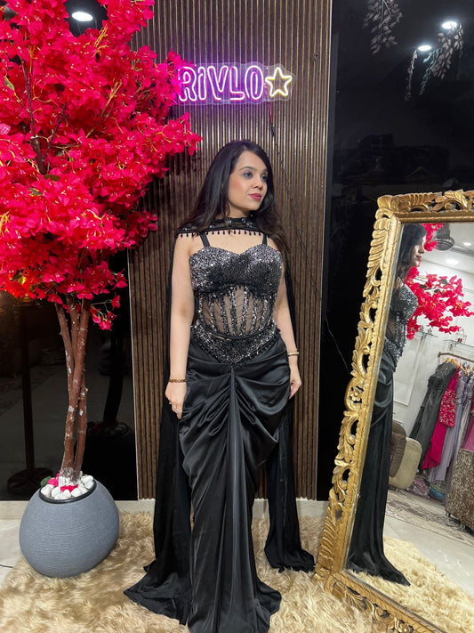 Noir Black, Cocoa and Blue Corset Drape Saree 🖤✨ RC551