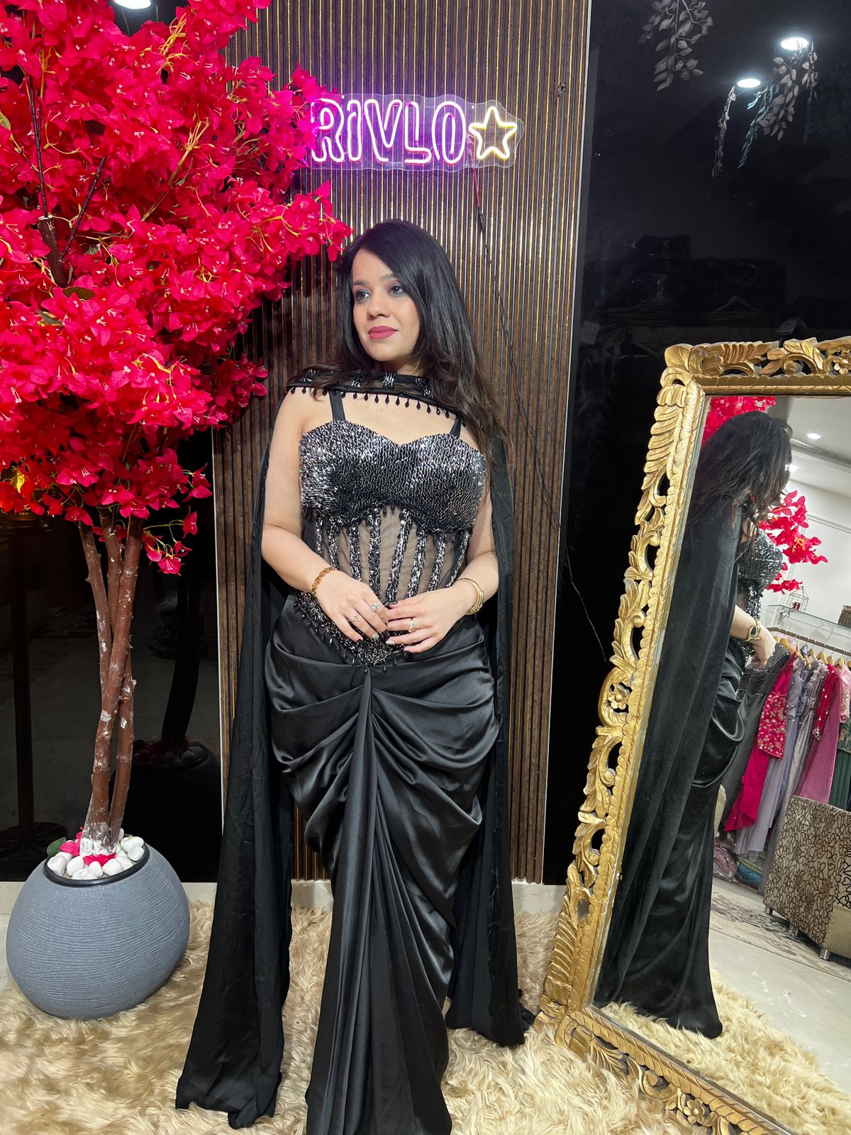 Noir Black, Cocoa and Blue Corset Drape Saree 🖤✨ RC551
