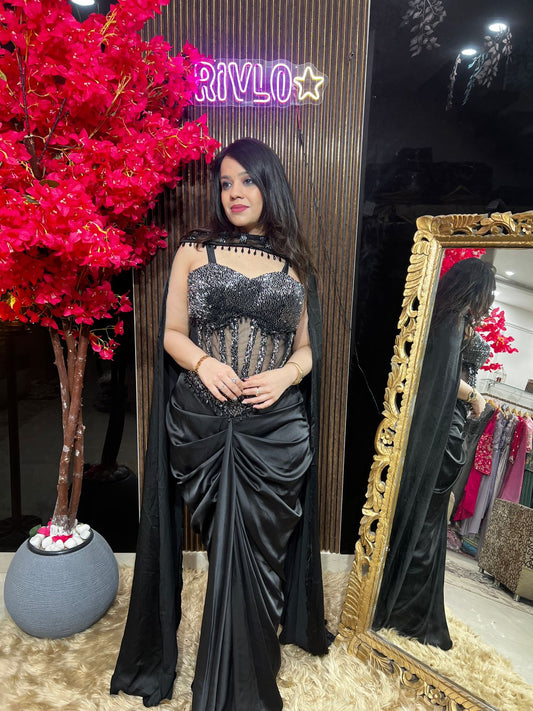 Noir Black, Cocoa and Blue Corset Drape Saree 🖤✨ RC551