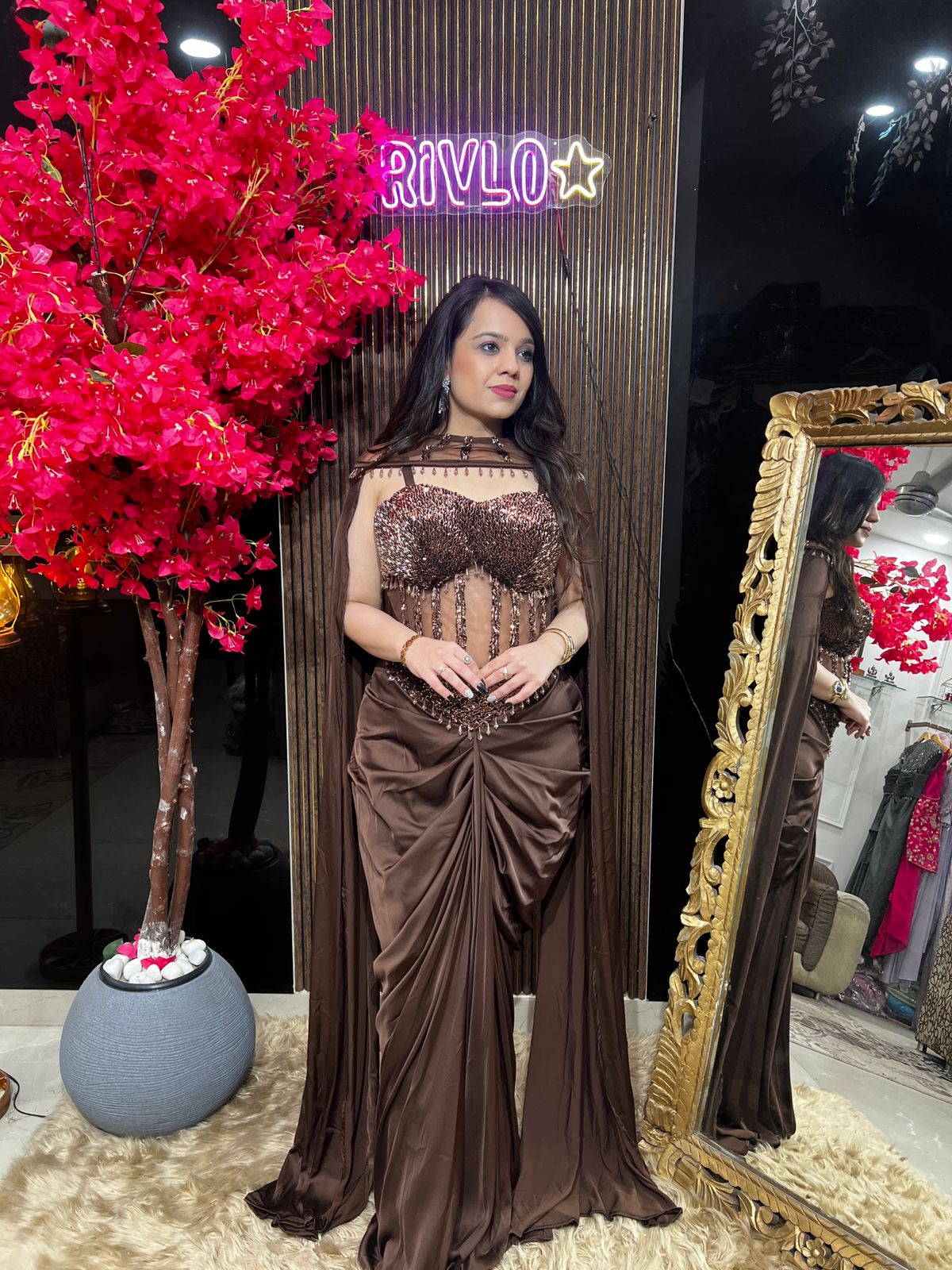 Noir Black, Cocoa and Blue Corset Drape Saree 🖤✨ RC551