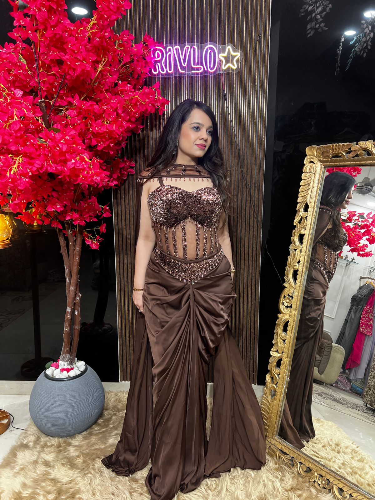 Noir Black, Cocoa and Blue Corset Drape Saree 🖤✨ RC551