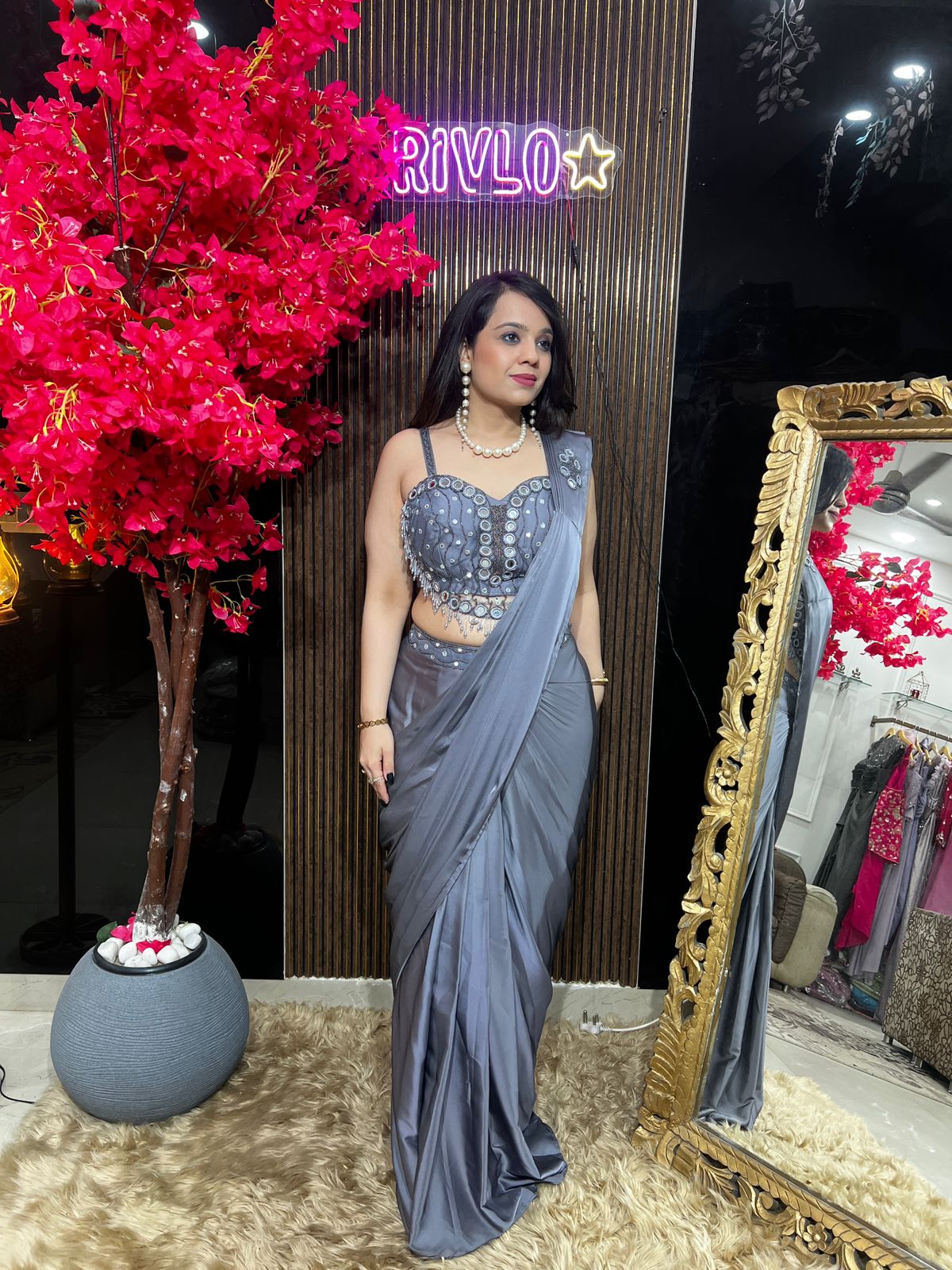 Champagne And Steel Grey Heart Blouse Embellished Drape Saree ✨RC549