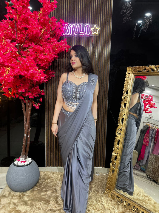 Champagne And Steel Grey Heart Blouse Embellished Drape Saree ✨RC549