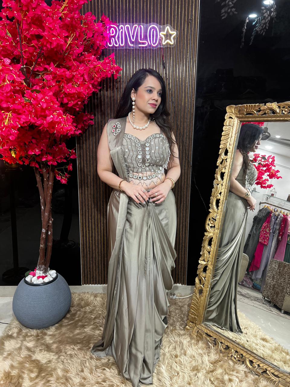 Champagne And Steel Grey Heart Blouse Embellished Drape Saree ✨RC549