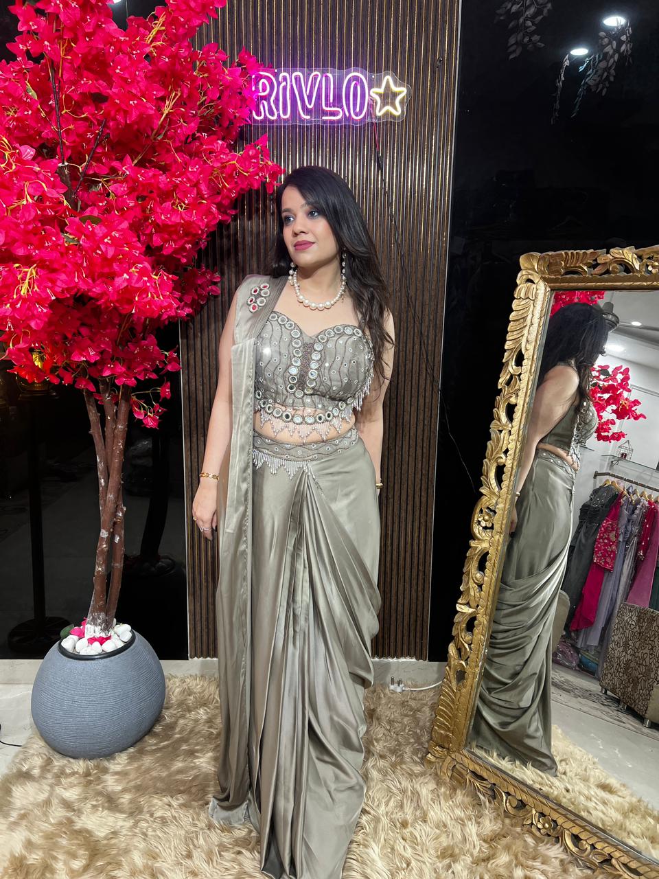Champagne And Steel Grey Heart Blouse Embellished Drape Saree ✨RC549