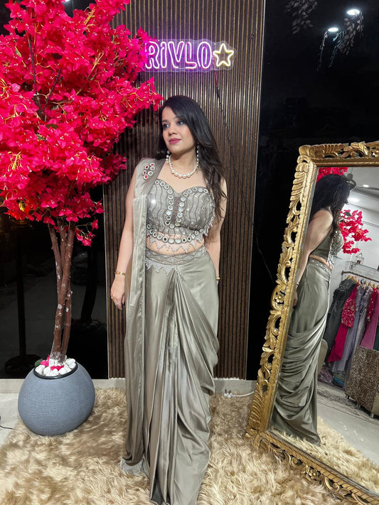 Champagne And Steel Grey Heart Blouse Embellished Drape Saree ✨RC549