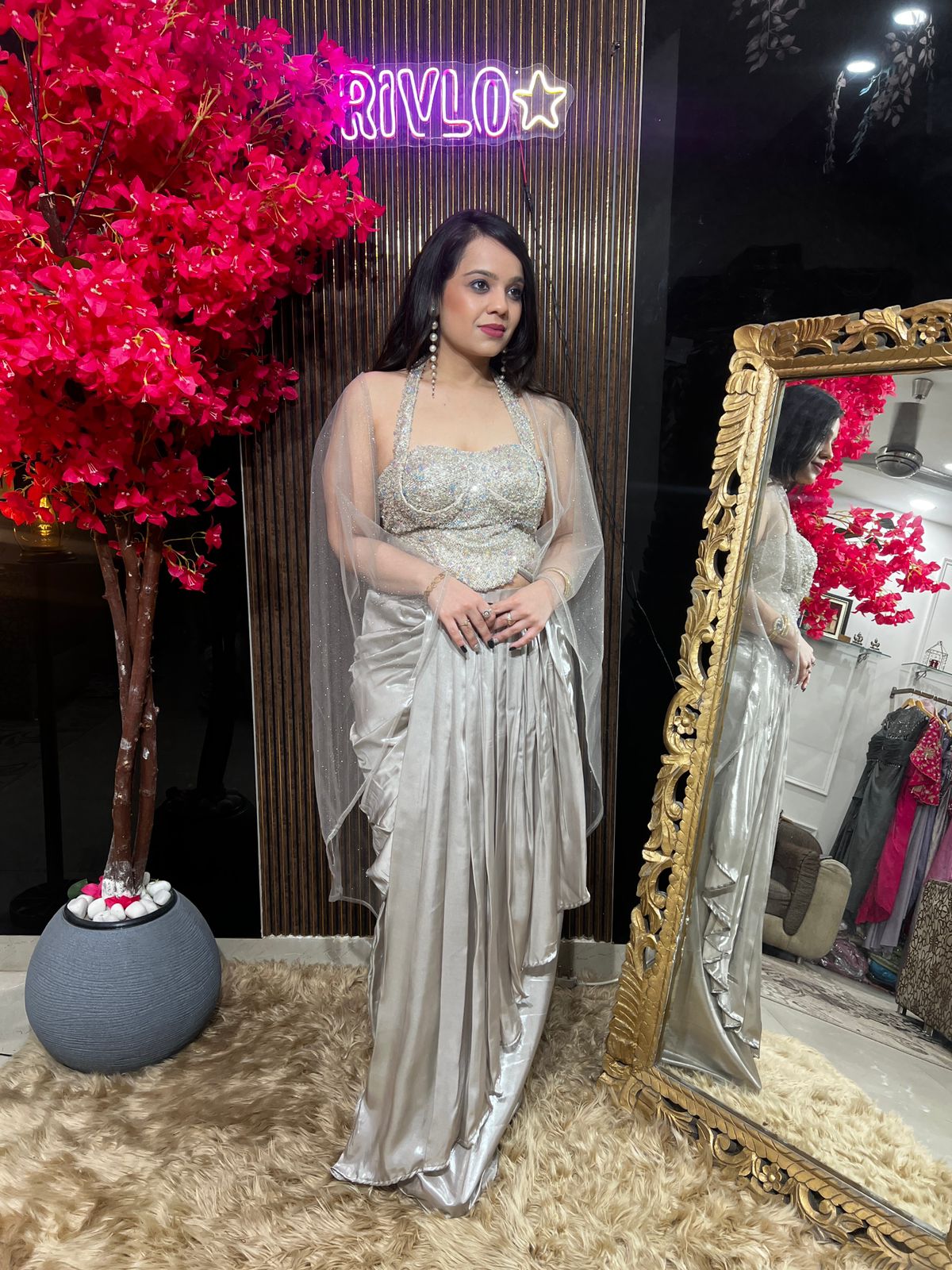 Blush Silver And Peach Embellished Drape Saree Set ✨ RC546