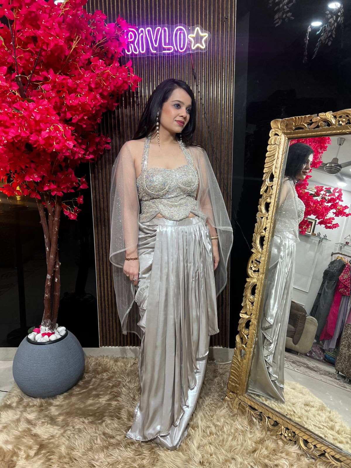 Blush Silver And Peach Embellished Drape Saree Set ✨ RC546
