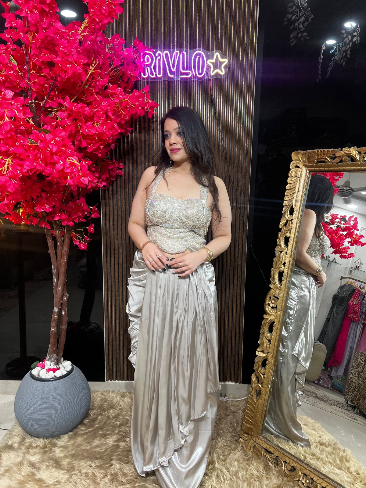 Blush Silver And Peach Embellished Drape Saree Set ✨ RC546