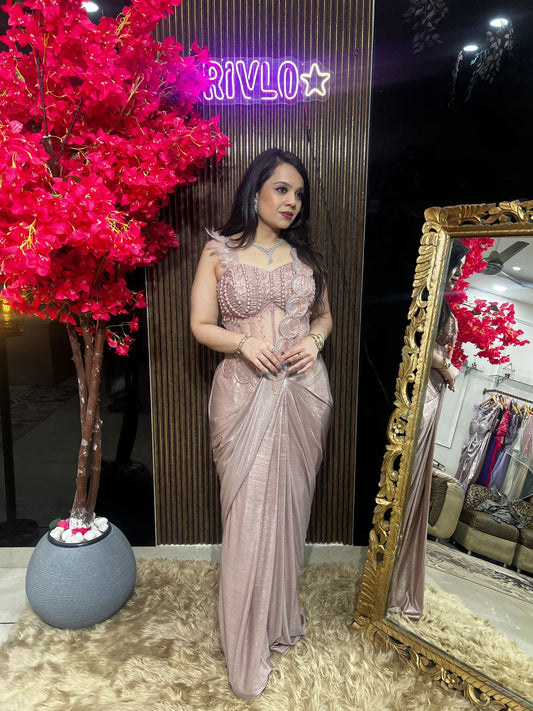 Green Grey & Rose Gold Embellished Drape Saree Set RC559