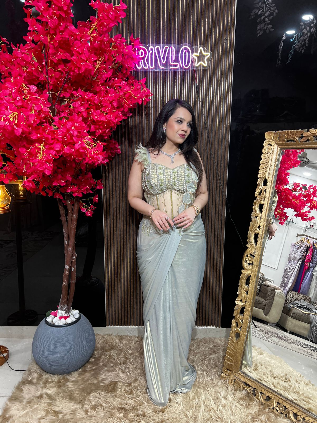 Green Grey & Rose Gold Embellished Drape Saree Set RC559
