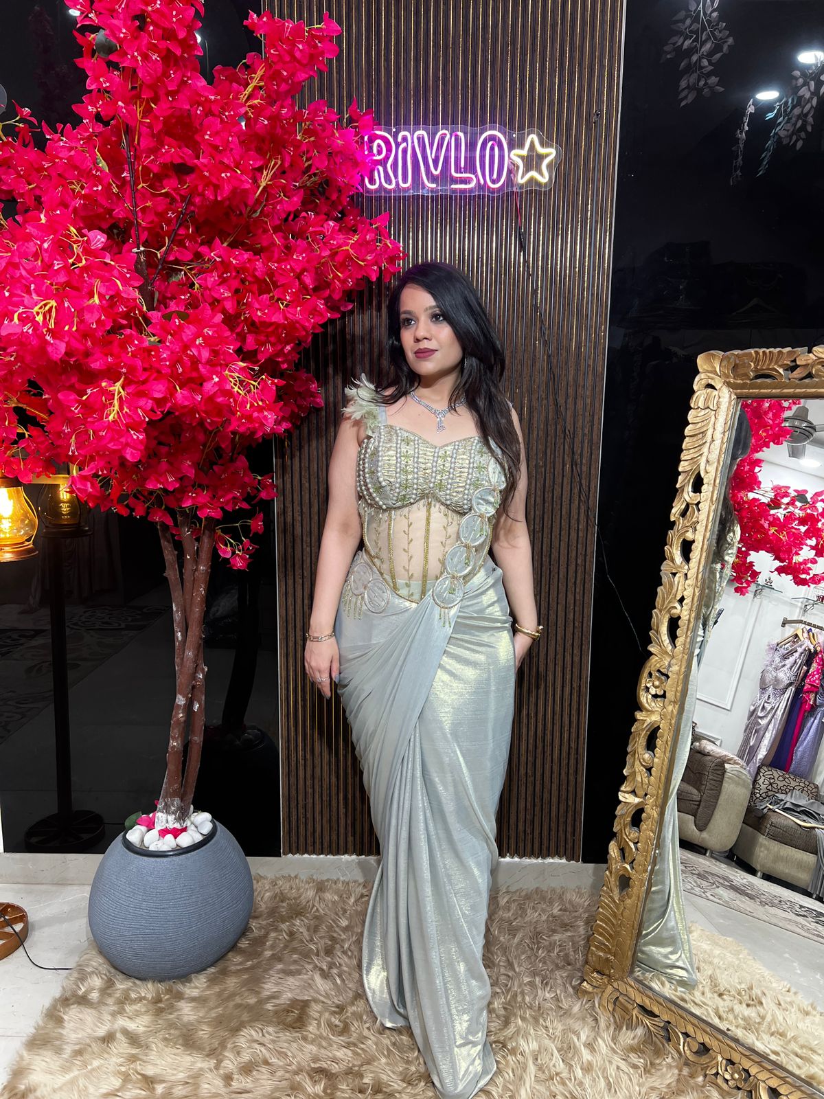 Green Grey & Rose Gold Embellished Drape Saree Set RC559