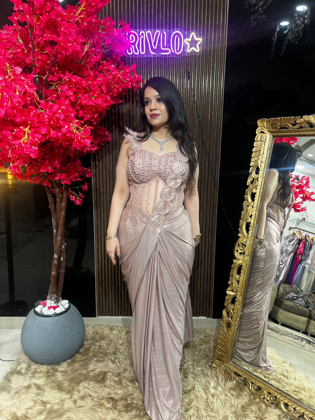 Green Grey & Rose Gold Embellished Drape Saree Set RC559