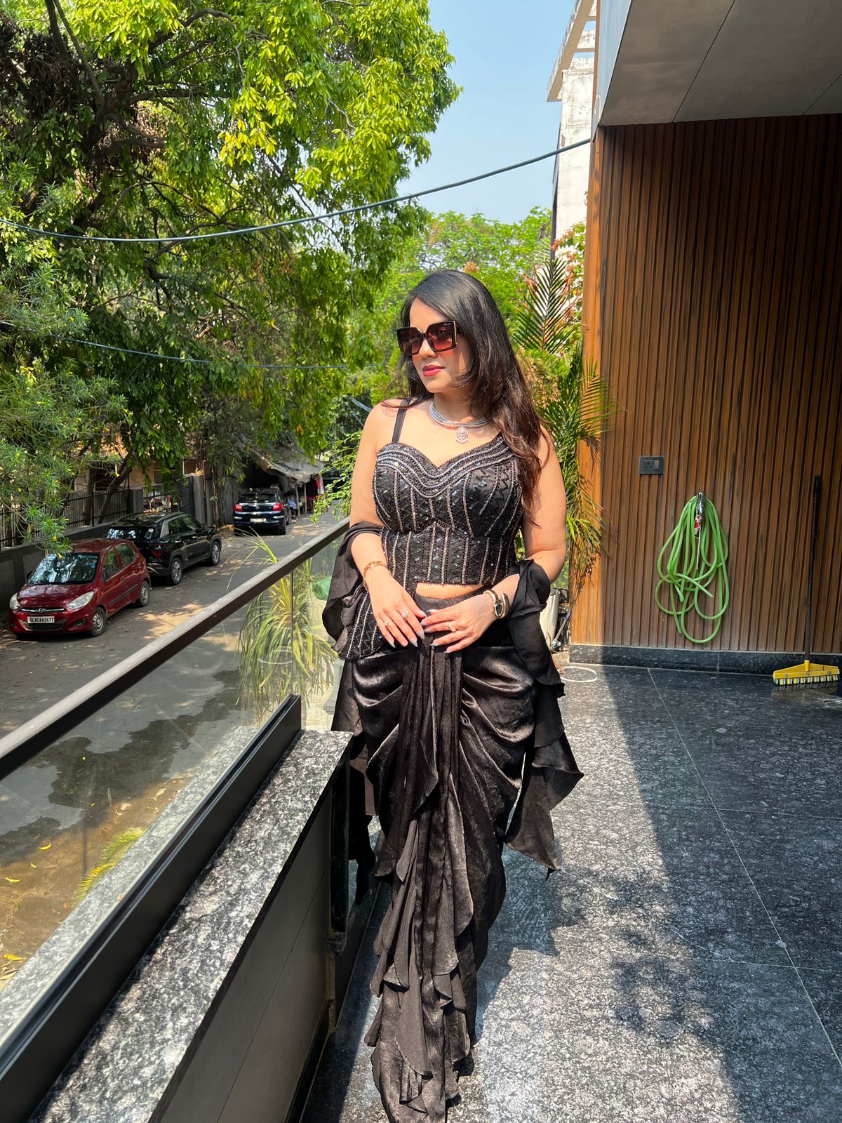 Noir Black Bronze & Beige Sculpt Drape Saree RC561