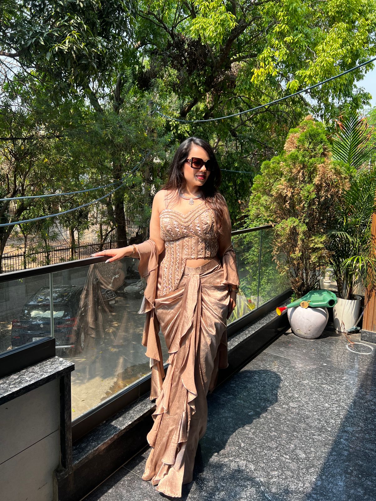 Noir Black Bronze & Beige Sculpt Drape Saree RC561
